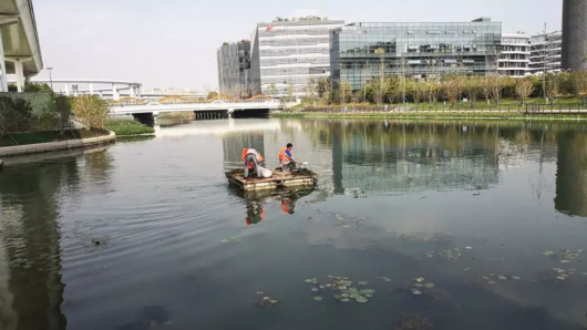 北横泾上,保洁员坚持值班,尽全力清除河面上的污染物 北横泾上,保洁员坚持值班,尽全力清除河面上的污染物