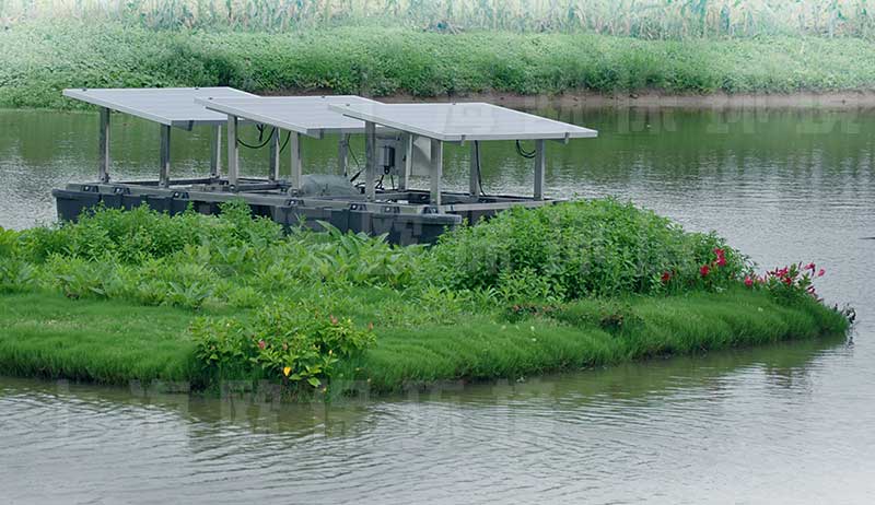 浮田型漂浮湿地与太阳能曝气机组合使用形成太阳能推流漂浮净水平台 浮田型漂浮湿地与太阳能曝气机组合使用形成太阳能推流漂浮净水平台
